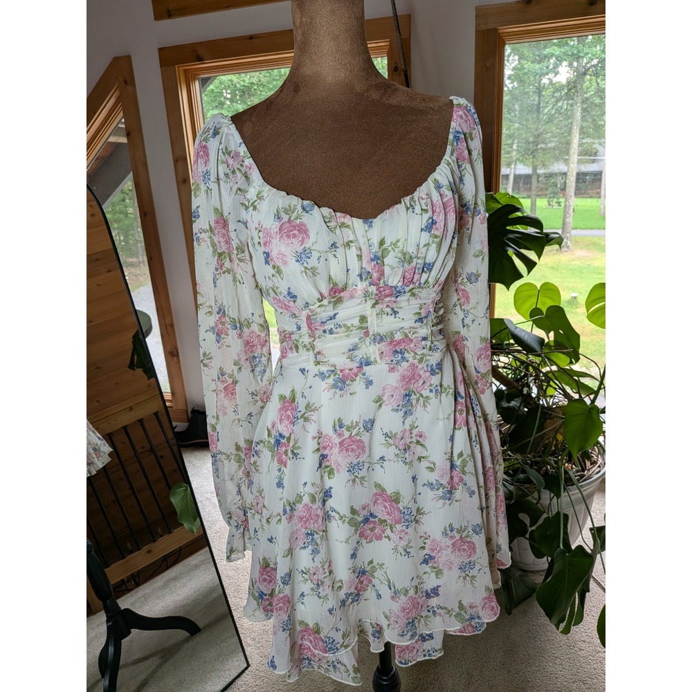Thirty Thirty LA Floral Mini Dress Long Sleeve Cottagecore Pink Blue Rose XS